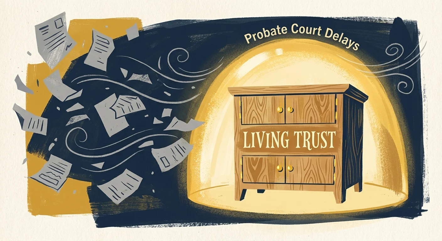 A stylized gouache illustration of a chest labeled Living Trust protected under a glowing golden dome.