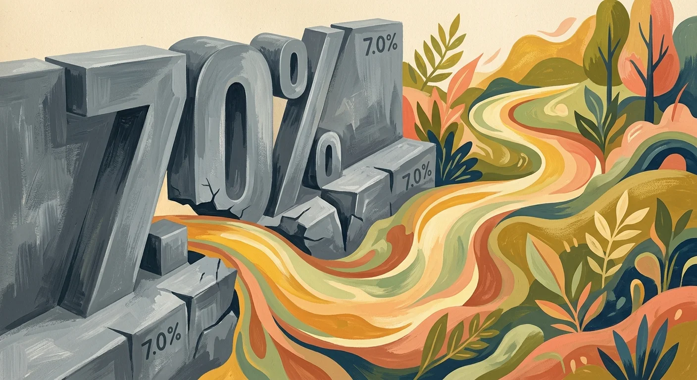 A textured gouache illustration of a warm path curving around a rigid grey wall shaped like a seven percent symbol.