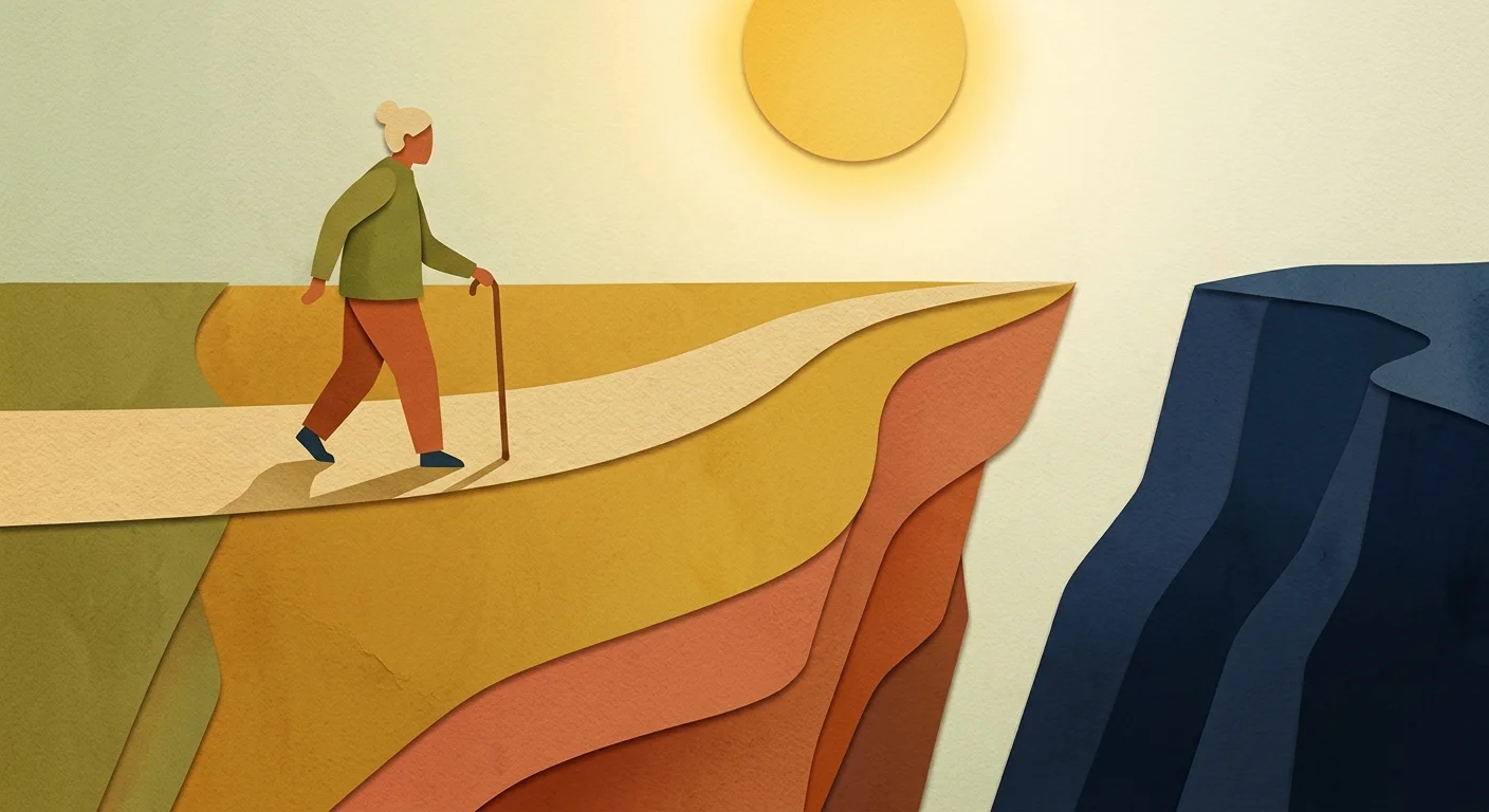 A textured paper-cut illustration of a figure walking safely along a wide, stable mountain path away from a steep drop.