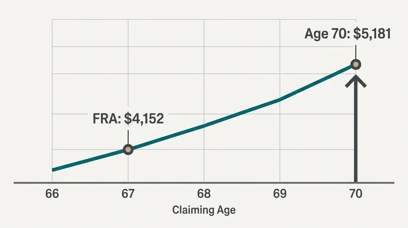 A timeline diagram comparing a Social Security benefit of $4,152 at Full Retirement Age to $5,181 at age 70.