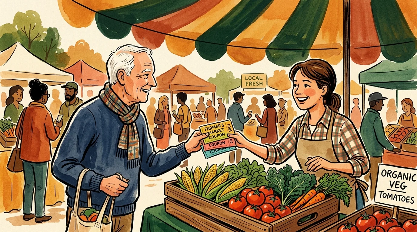 A vibrant gouache illustration of an older man using SFMNP vouchers to buy fresh vegetables at a bustling farmers' market.