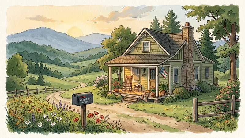 A warm gouache and ink illustration of a cozy craftsman cottage nestled in a scenic mountain valley under a soft morning sky.