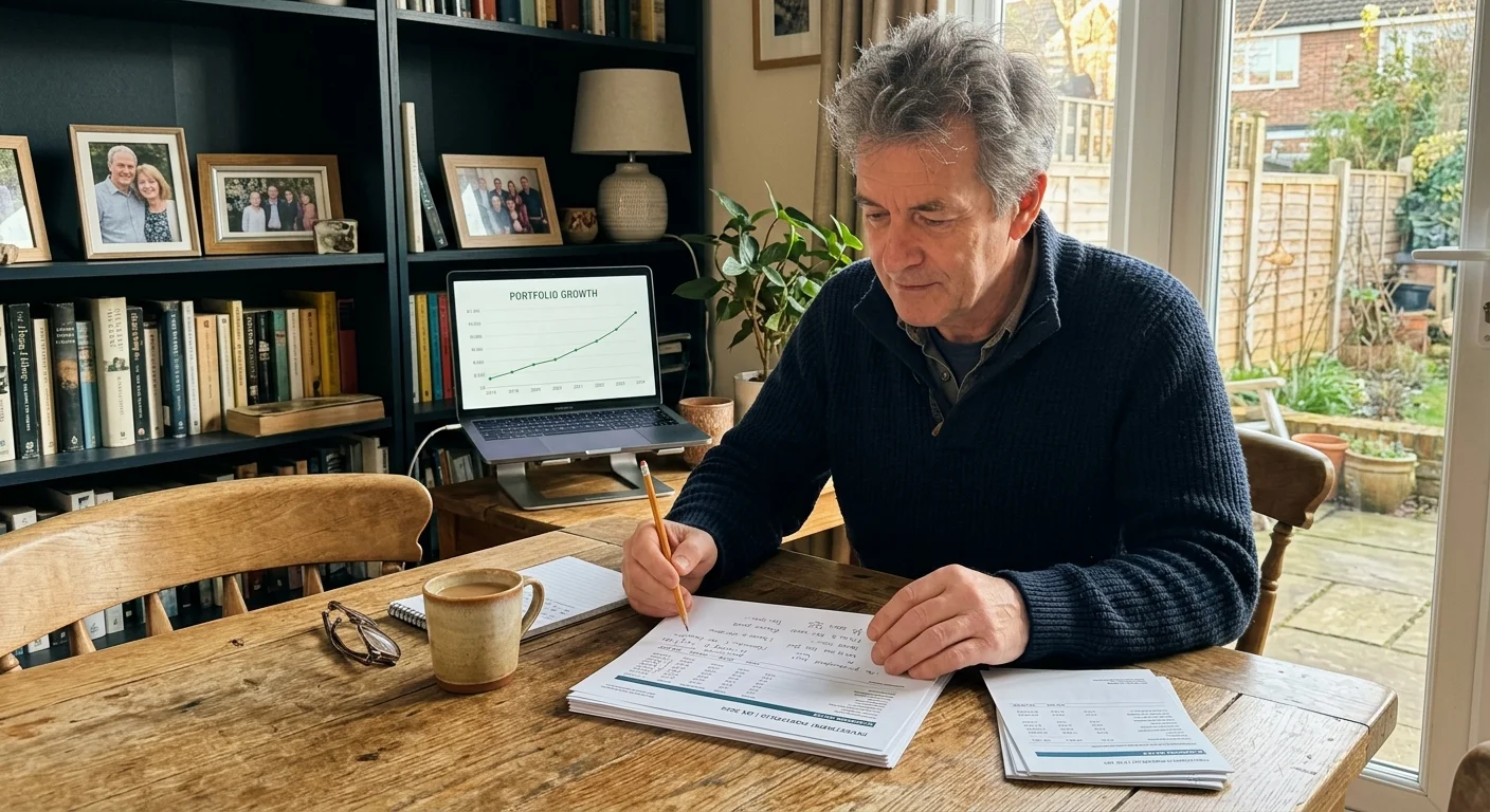 A warm, realistic snapshot of a person at a wooden table thoughtfully reviewing financial papers in their cozy home.
