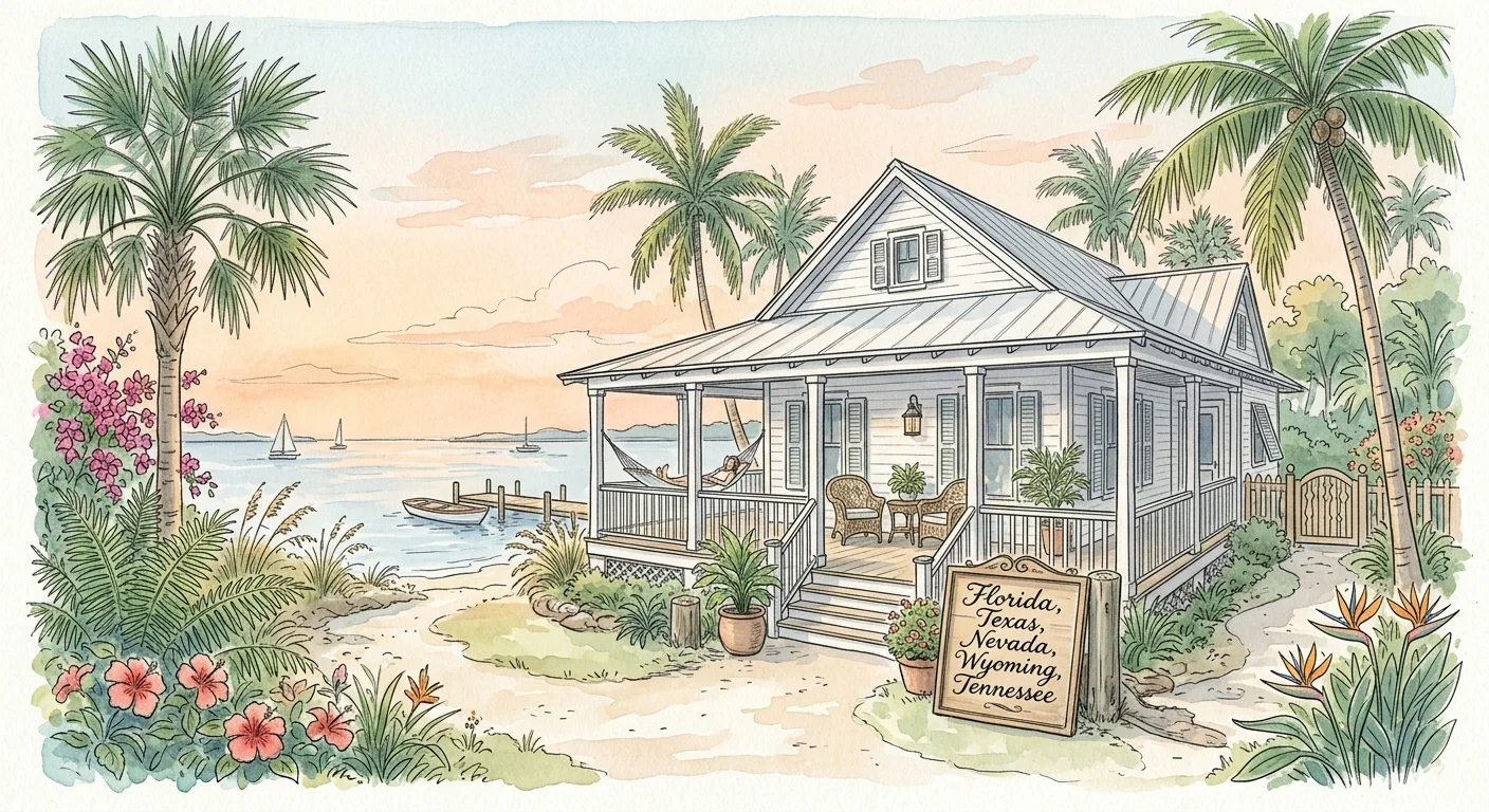 A watercolor and ink illustration of a coastal Florida bungalow with a sign listing tax-free states like Florida, Texas, and Nevada.