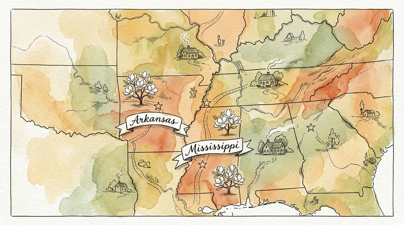 A watercolor and ink map illustration highlighting affordable southern states with cozy homes and rolling hills.