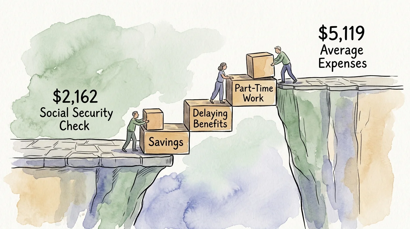 A watercolor illustration of a bridge being built across a financial gap using blocks representing savings and part-time work.
