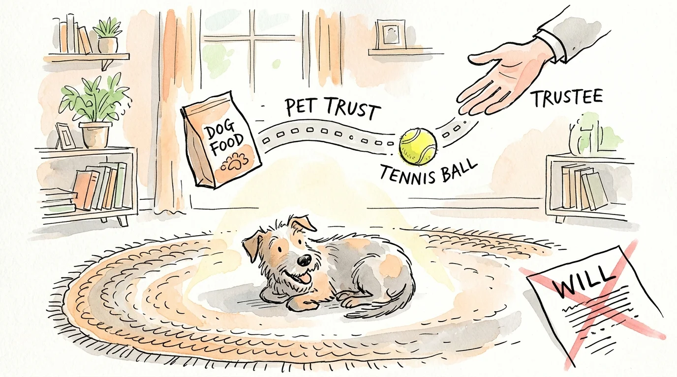 A whimsical watercolor of a scruffy dog on a rug connected by a dotted line to a Pet Trust pathway.