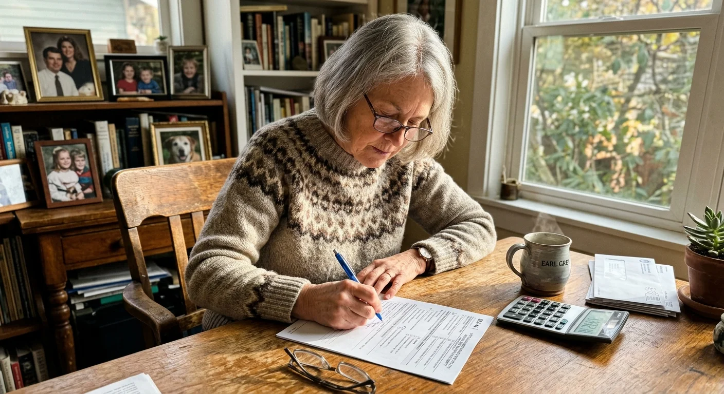 A woman at her desk filling out Form SSA-44 under soft window light in a comfortable home office.