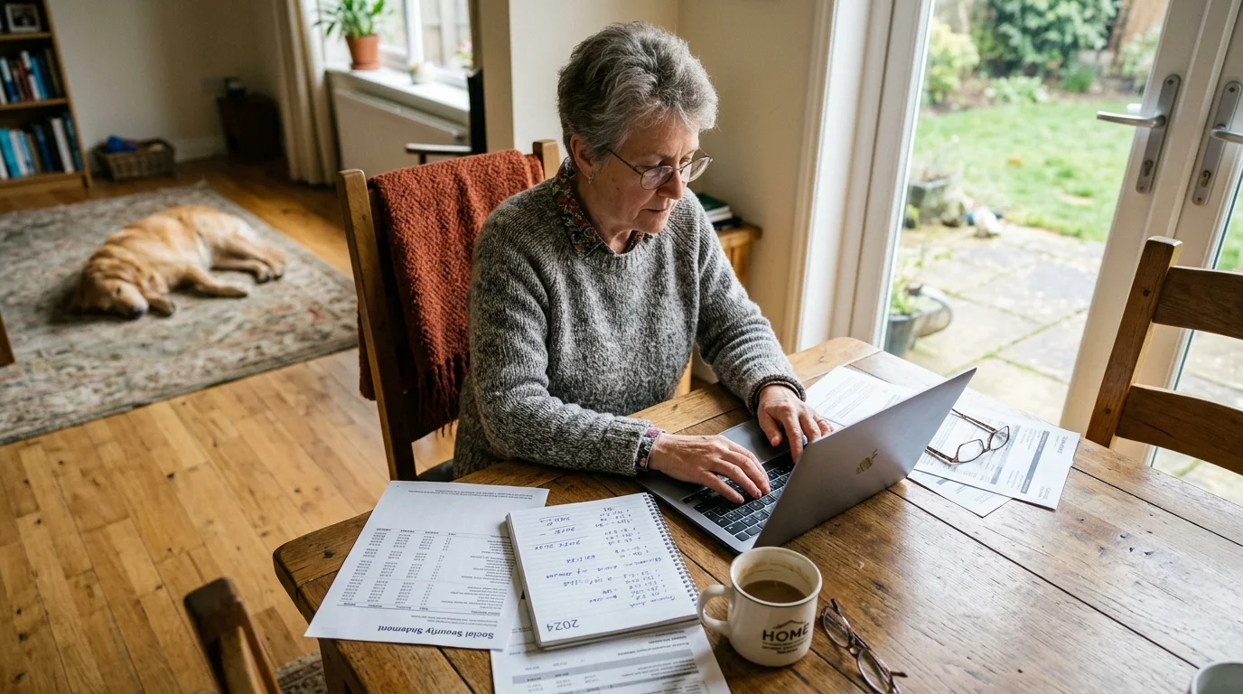 A woman at her dining table reviewing financial paperwork and working on a laptop in a cozy home setting.