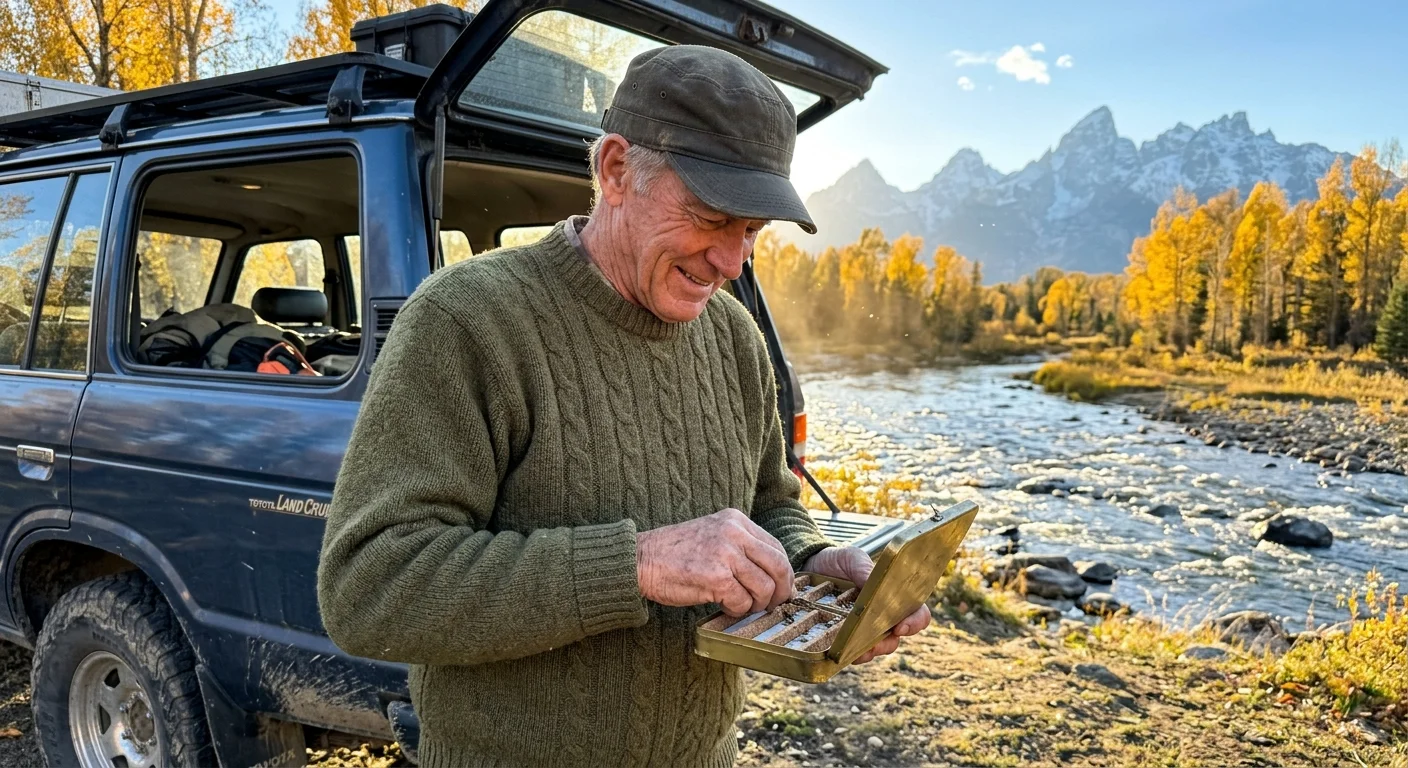 An active retiree organizes fly-fishing gear near his vehicle by a river in Wyoming, with mountains and golden trees in the background.