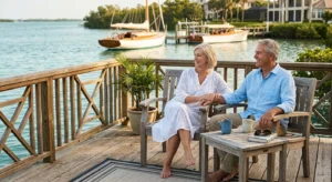 An affluent retired couple relaxes on a sunny, waterfront wooden deck in Naples, Florida, overlooking calm waters in the morning light.