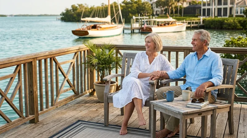 An affluent retired couple relaxes on a sunny, waterfront wooden deck in Naples, Florida, overlooking calm waters in the morning light.