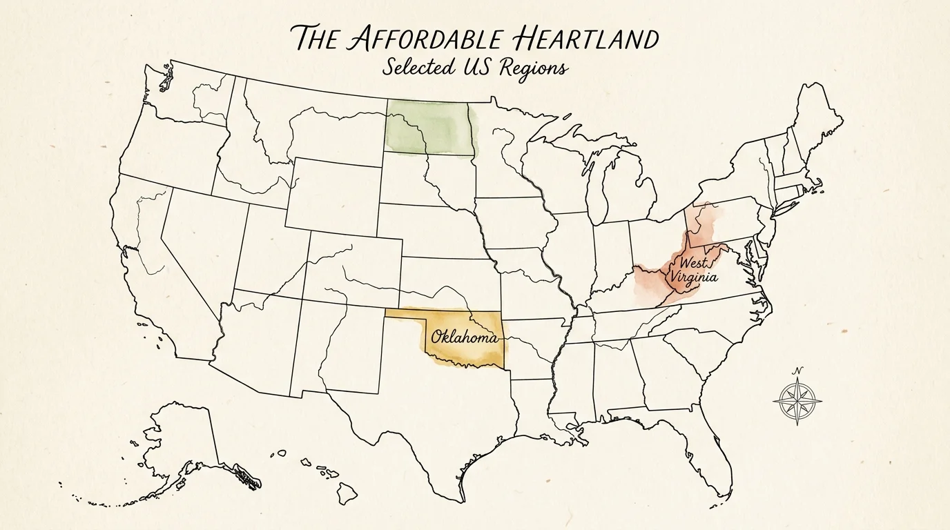 An artistic ink and watercolor map of the US highlighting low-cost states like West Virginia and Oklahoma with gentle color washes.
