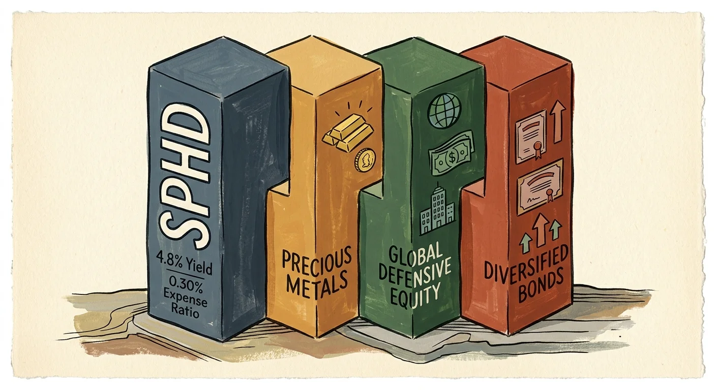 An editorial gouache illustration of four interlocking geometric pillars labeled with ETF details, representing a stable portfolio foundatio