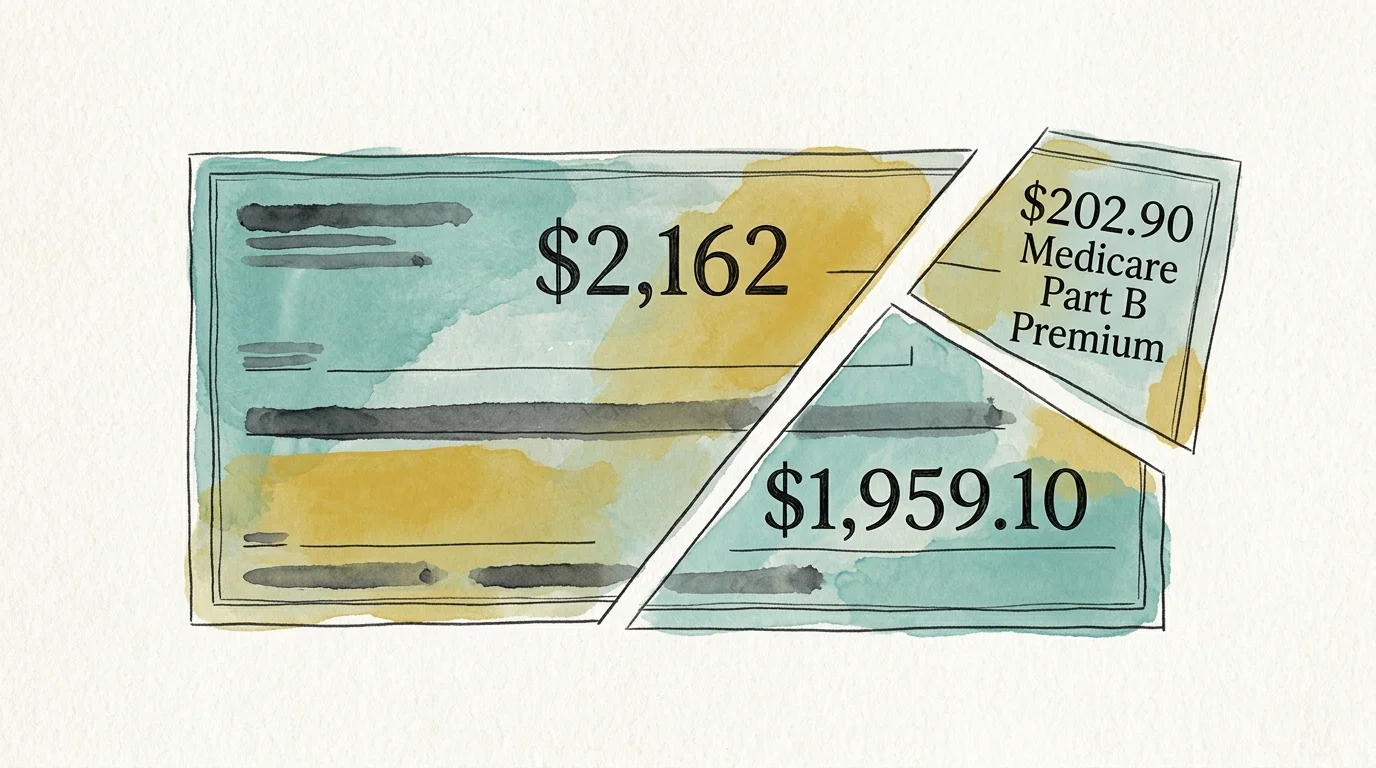 An editorial gouache illustration showing a portion of a $2,162 check being clipped off for a $202.90 Medicare premium.