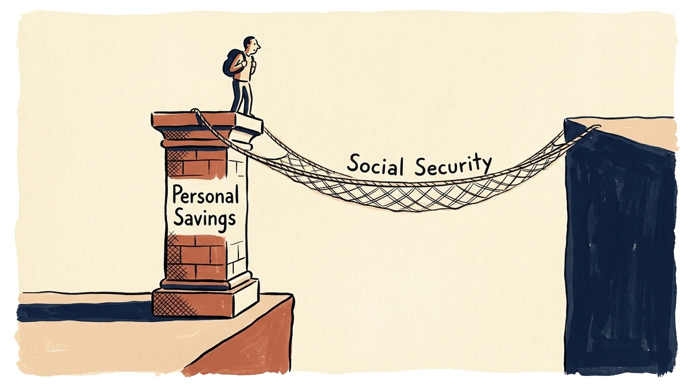 An editorial illustration of a person standing on a solid savings column above a safety net representing Social Security.