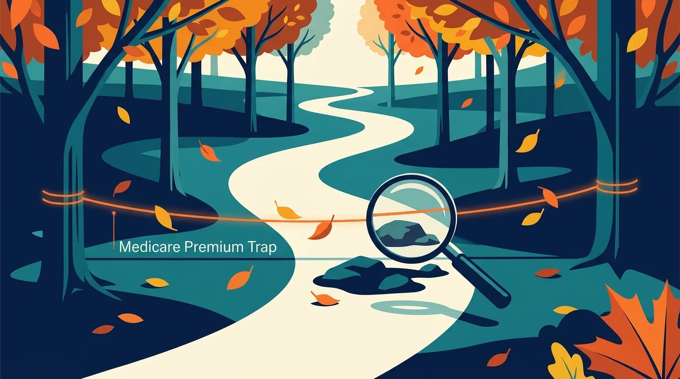 An editorial illustration of a retirement path with a hidden tripwire labeled Medicare Premium Trap concealed by autumn leaves.