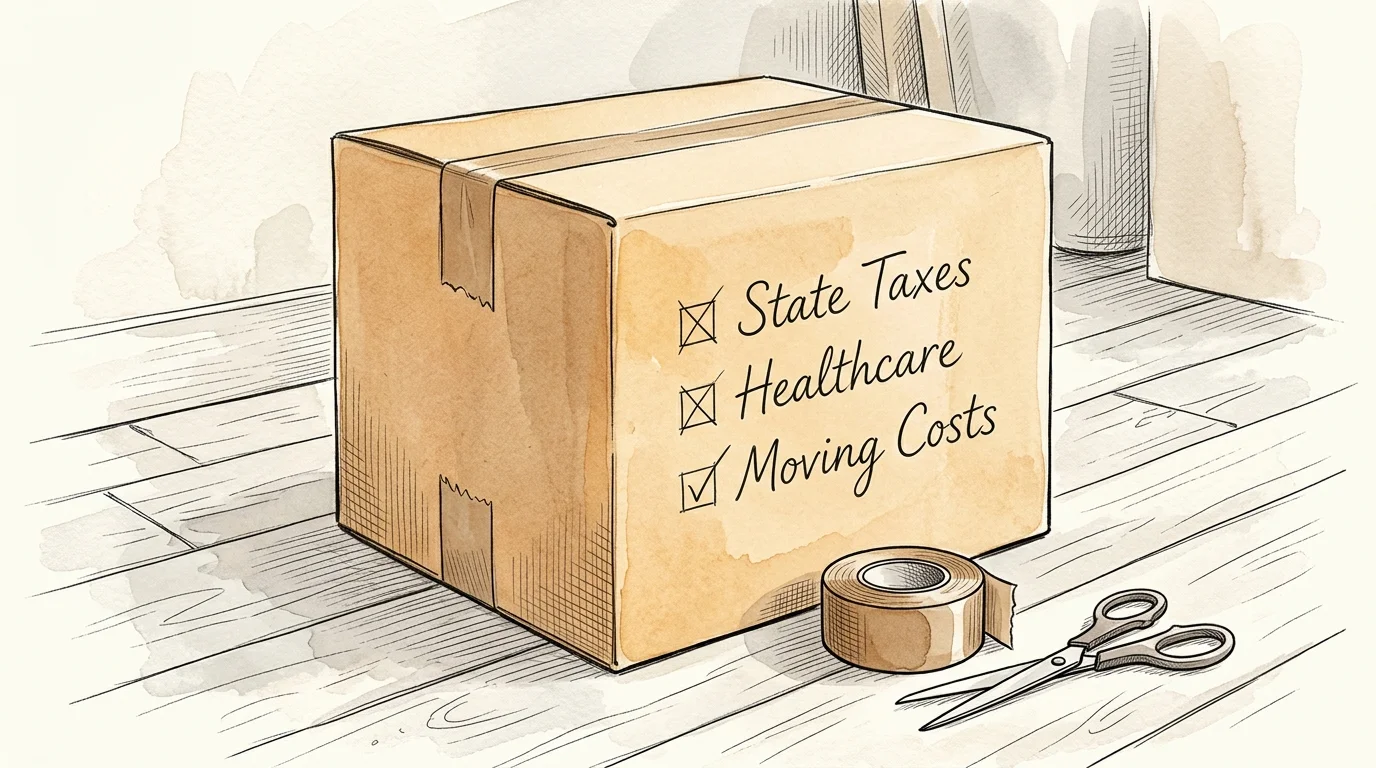An editorial ink and watercolor illustration of a moving box labeled with a checklist of retirement considerations like taxes and healthcare
