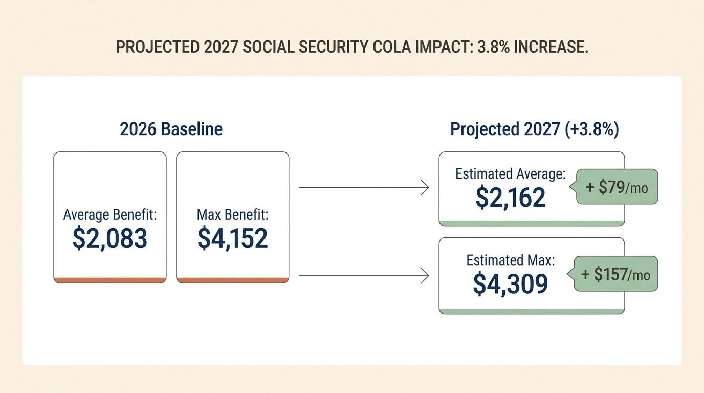 An editorial style comparison chart showing the 2026 baseline benefits versus the projected 2027 benefits with a 3.8% increase.