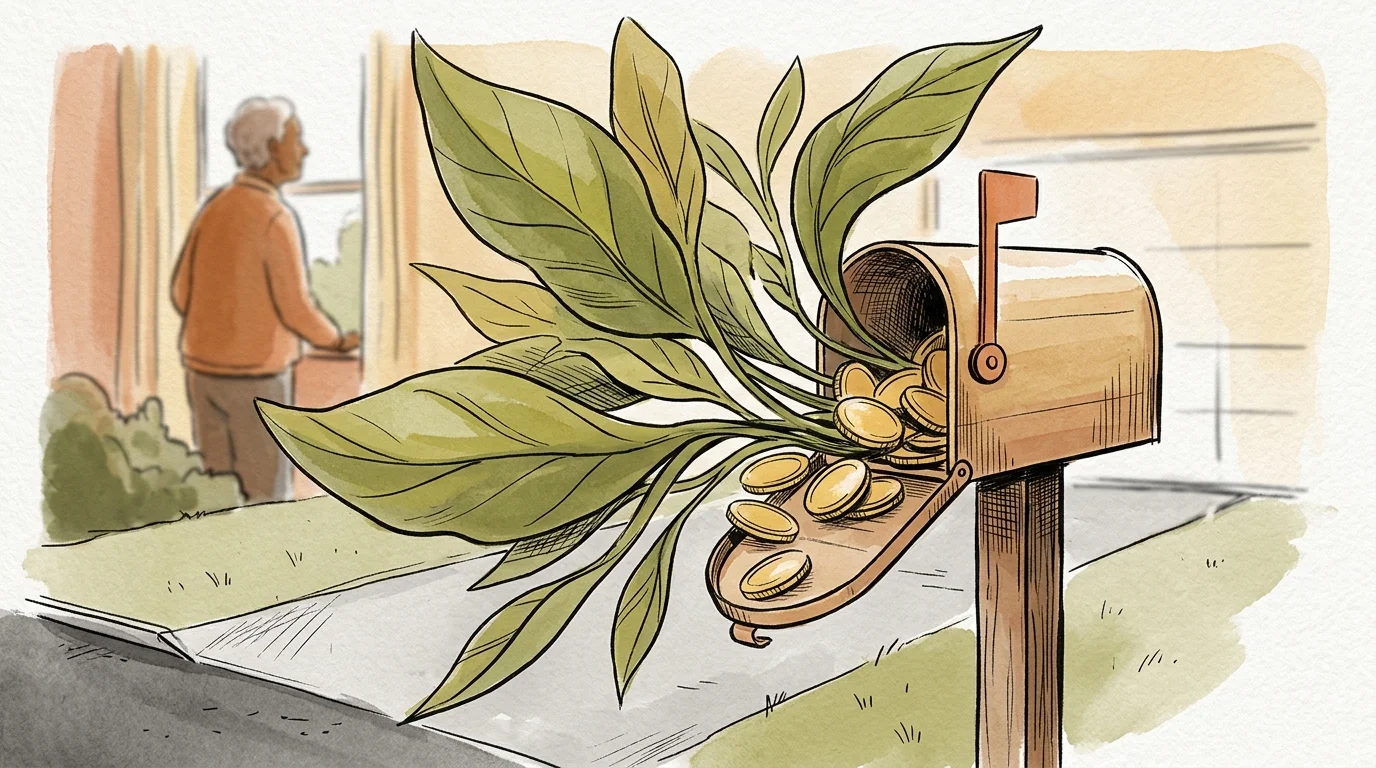 An editorial watercolor illustration of a wooden mailbox overflowing with green leaves and gold coins, representing unclaimed senior benefit