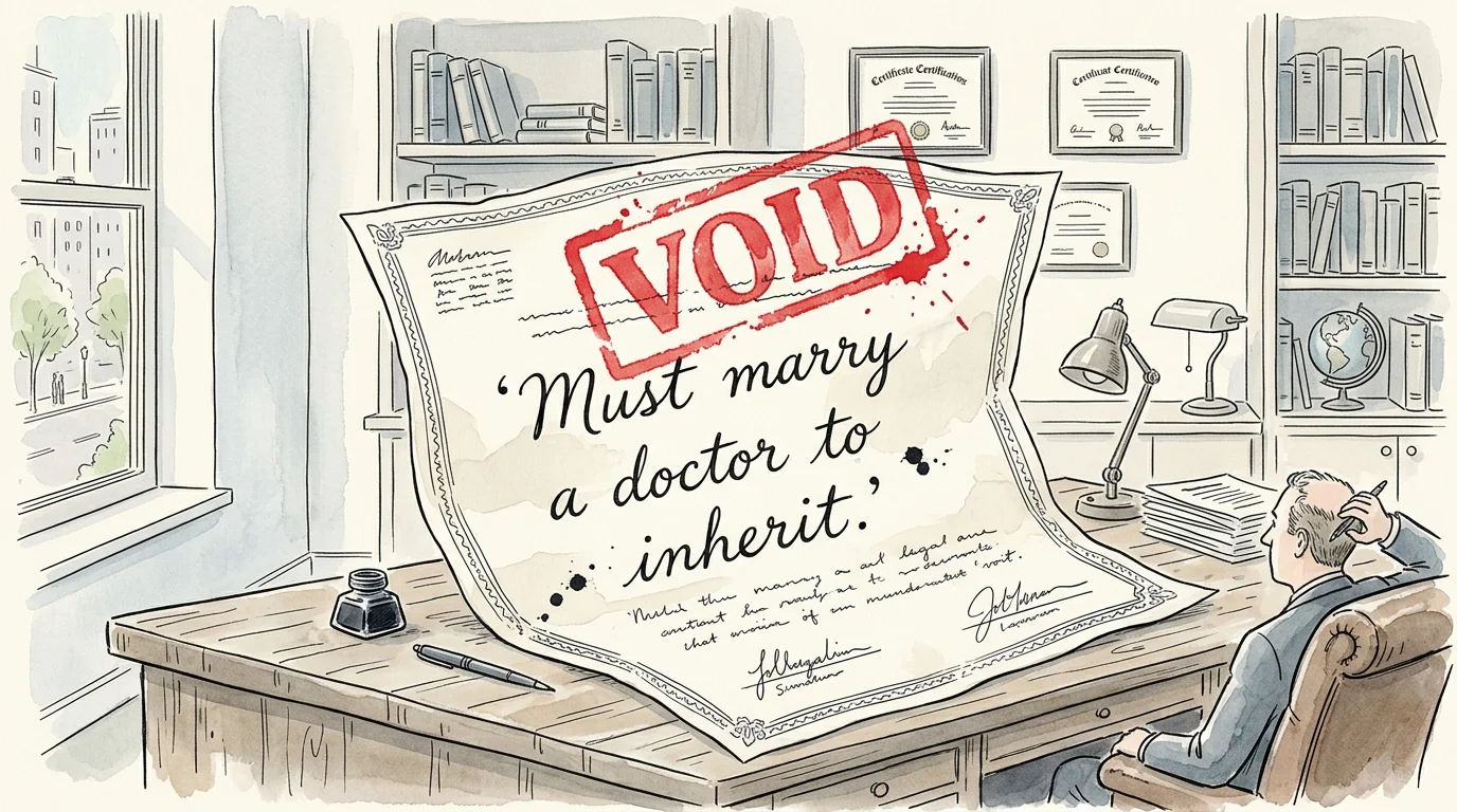 An editorial watercolor of a document stamped 'VOID' with written marriage conditions.