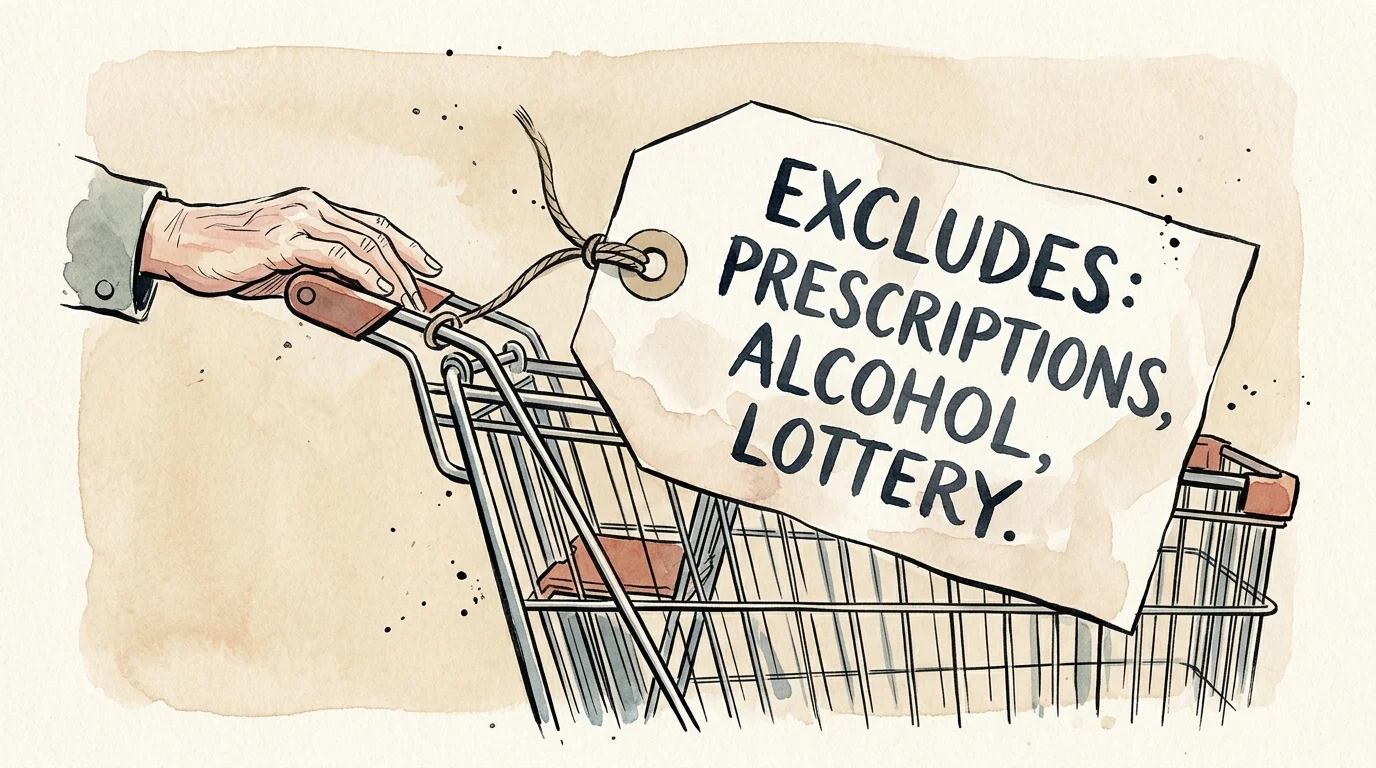 An editorial watercolor of a shopping cart with a tag listing common store discount exclusions like prescriptions and alcohol.