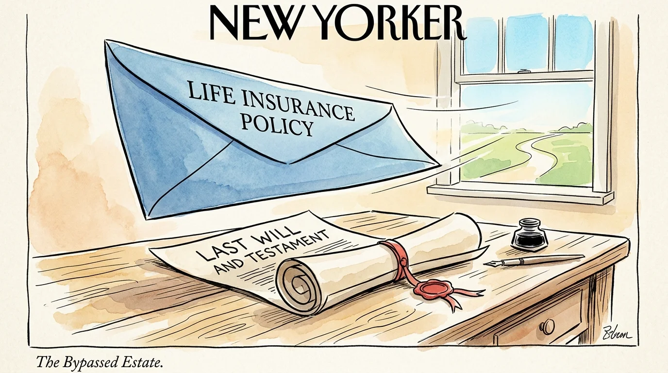 An elegant watercolor illustration of a life insurance policy envelope floating cleanly past a will document.