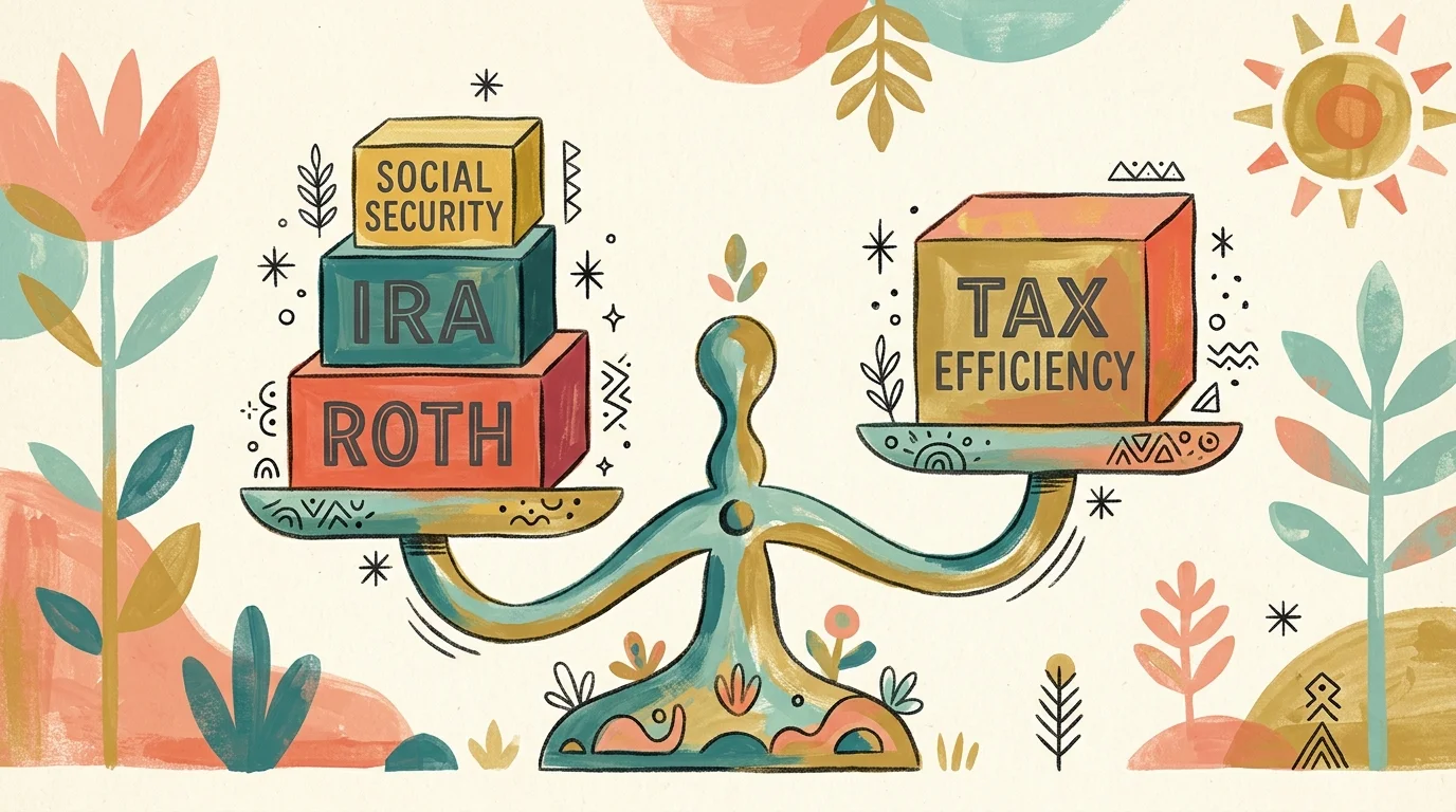 An illustration of a balance scale with boxes representing Roth, IRA, and Social Security balancing against Tax Efficiency.
