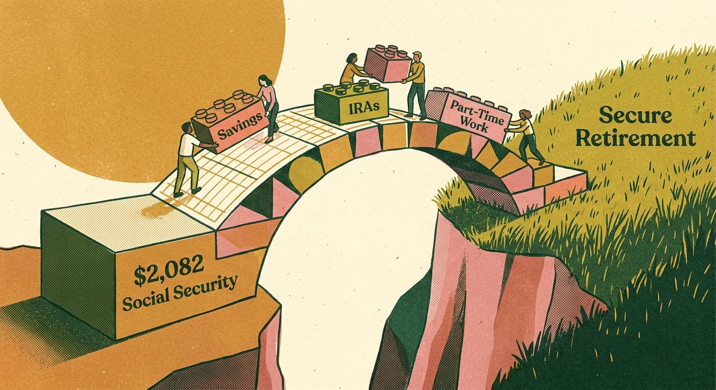 An illustration of a bridge built with blocks labeled savings and IRAs, connecting a $2,082 baseline block to a secure retirement.
