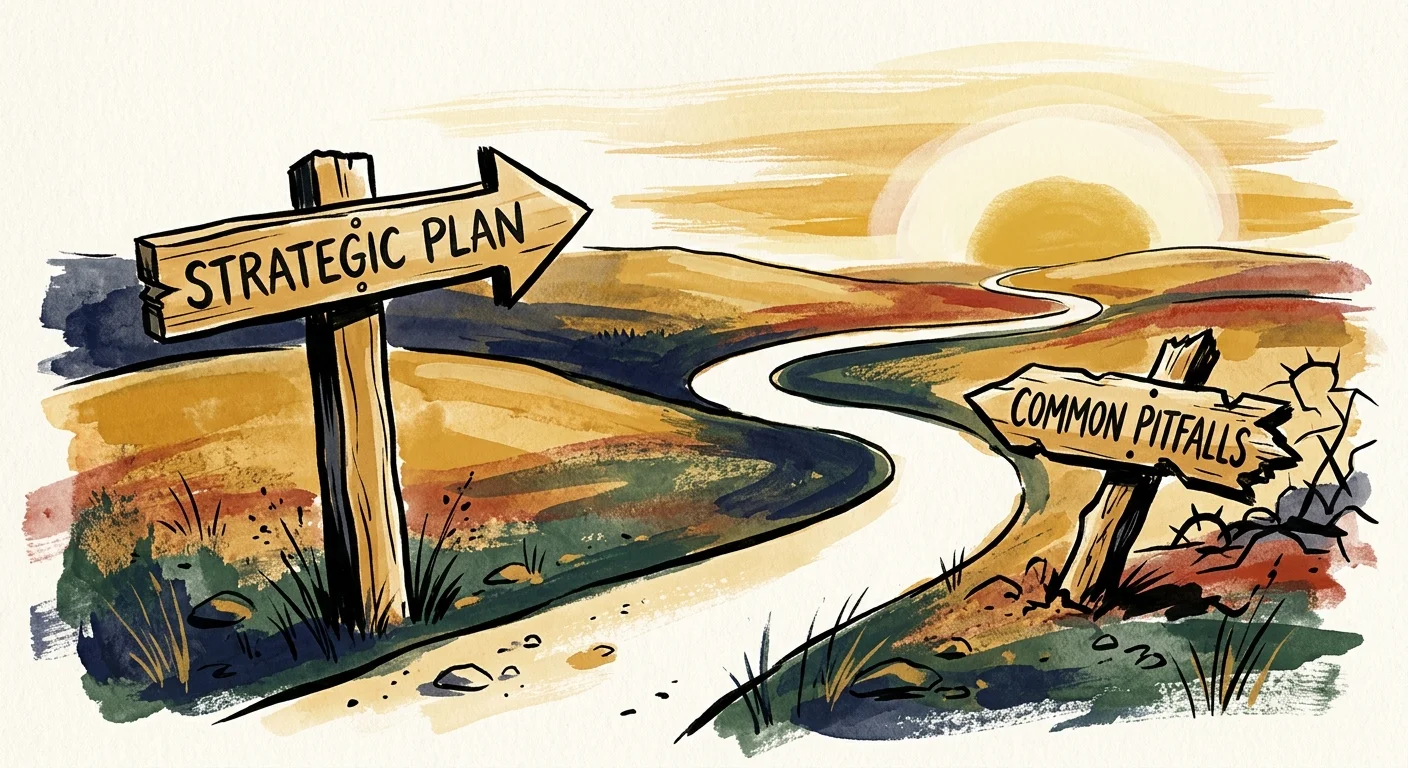 An illustration of a path leading to a horizon, with a signpost directing away from common pitfalls.