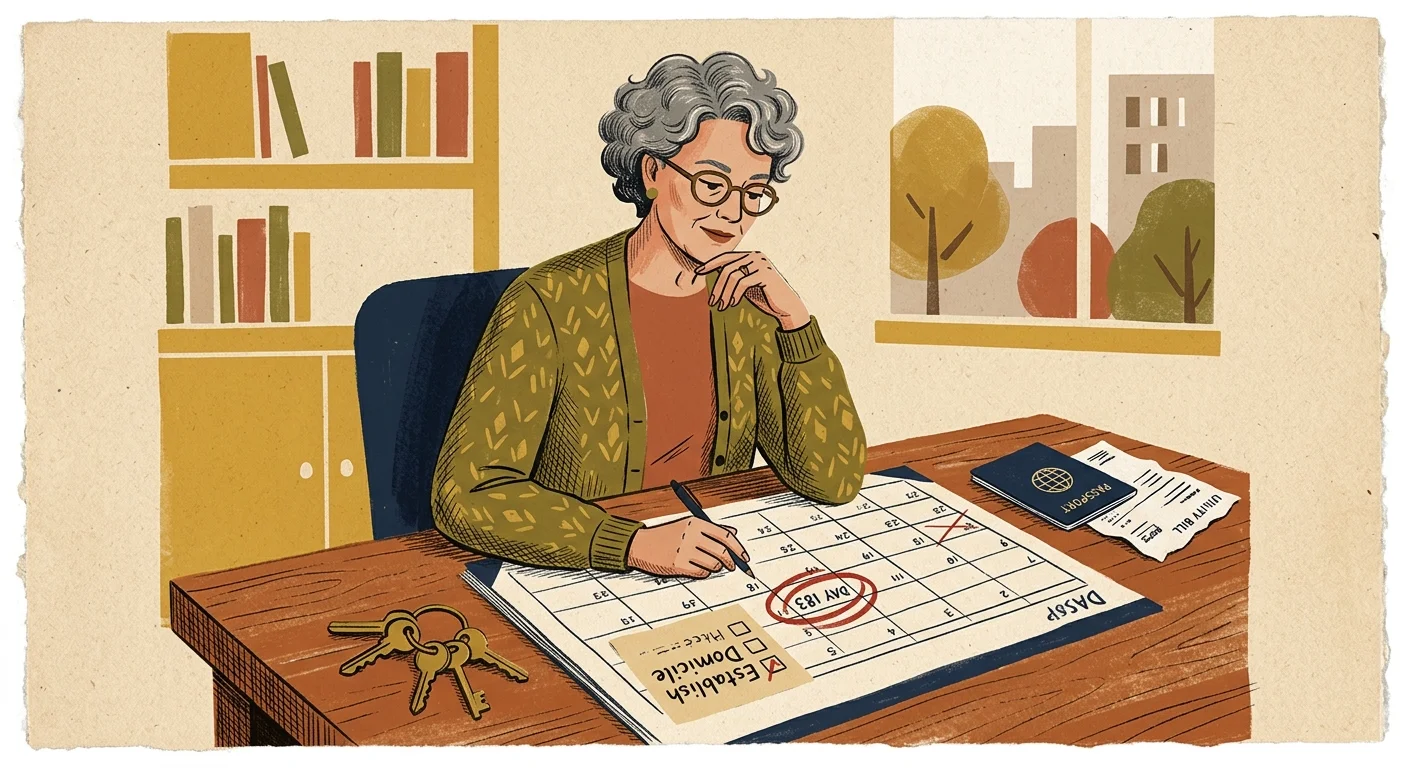 An illustration of a retired woman reviewing a desk calendar with Day 183 circled, establishing legal residency.
