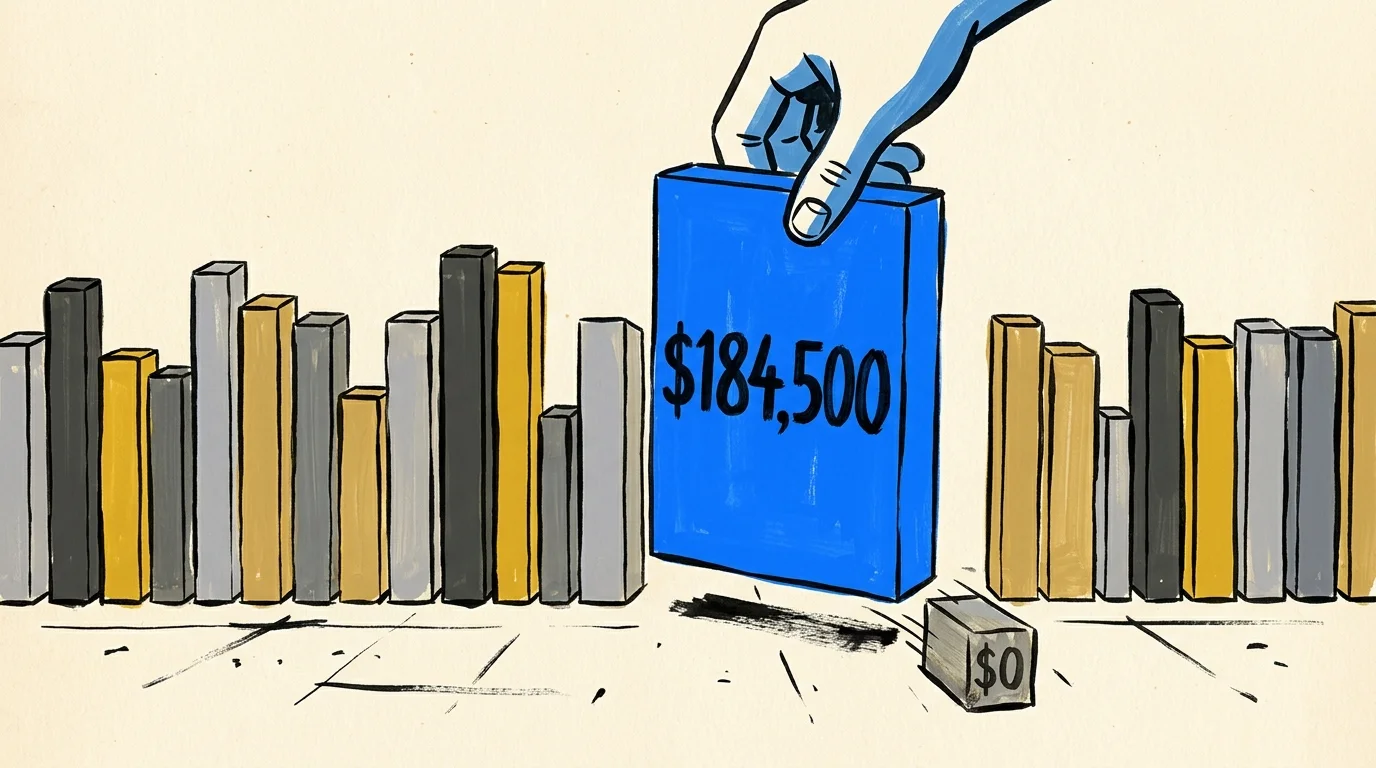 An illustration showing a large block labeled $184,500 replacing a tiny block labeled $0 in a row of 35 blocks.