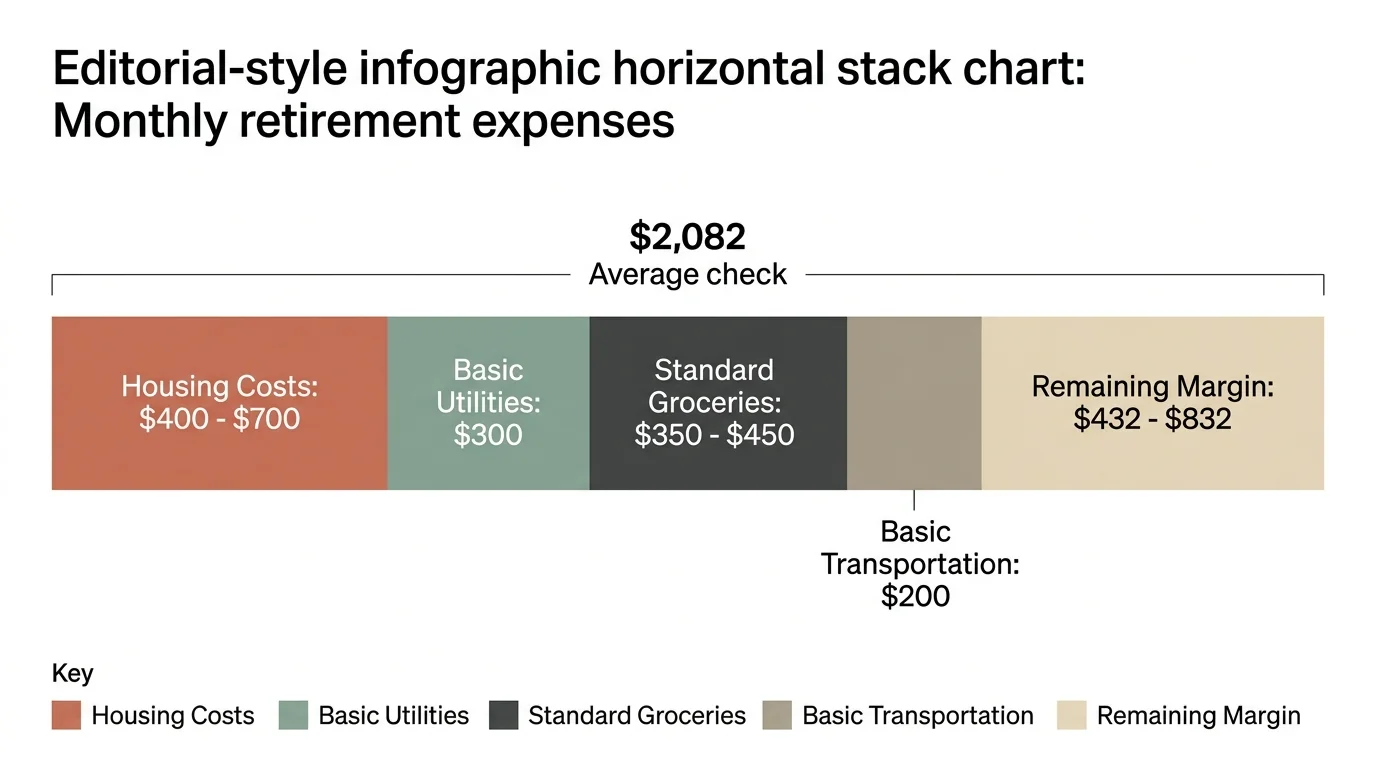 An infographic breakdown of a $2,082 check, showing blocks for housing, utilities, groceries, transportation, and remaining margin.