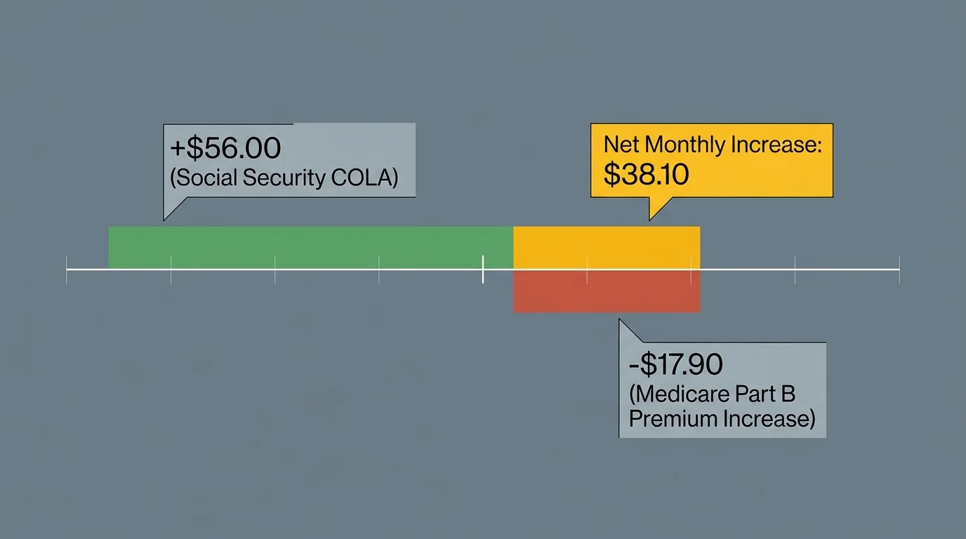 An infographic showing how a fifty-six dollar COLA increase is reduced to a thirty-eight dollar net gain after Medicare deductions.
