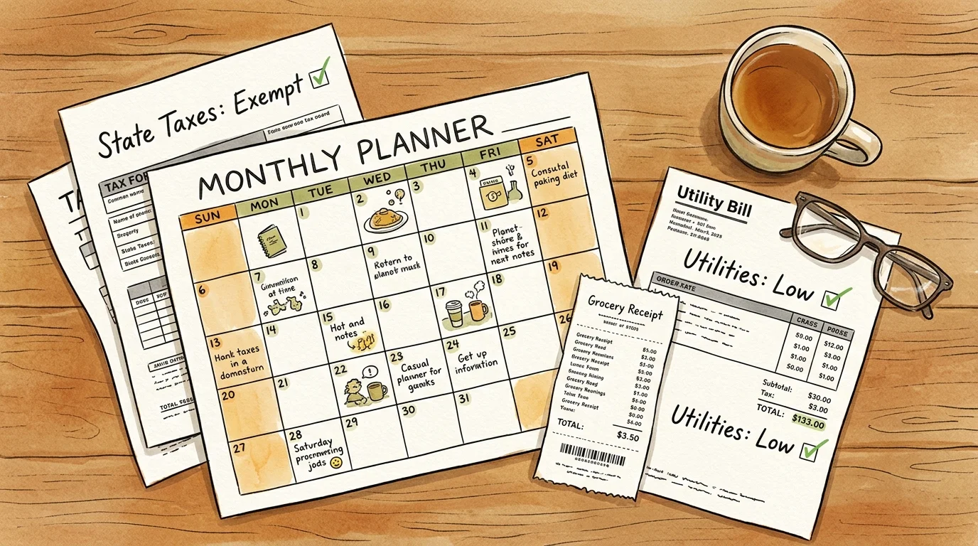 An ink and watercolor flat-lay showing a household budget planner with lists for tax exemptions and low utility costs.