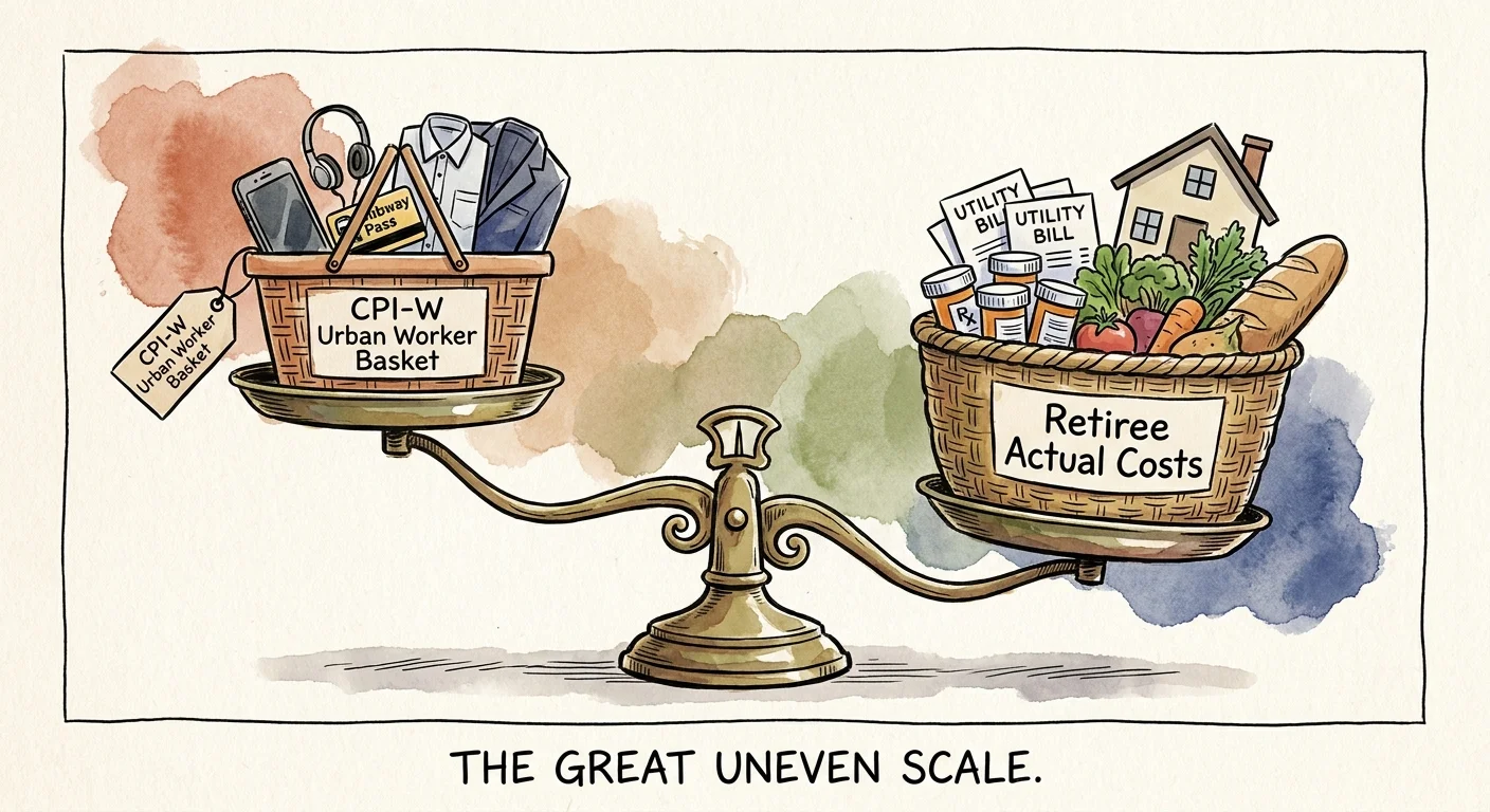 An ink and watercolor illustration of a balance scale showing retiree expenses outweighing standard urban worker expenses.