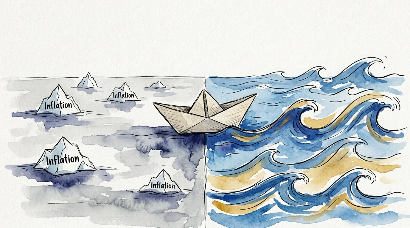 An ink and watercolor illustration of a paper boat balancing between frozen, stagnant water and active, rising blue waves.