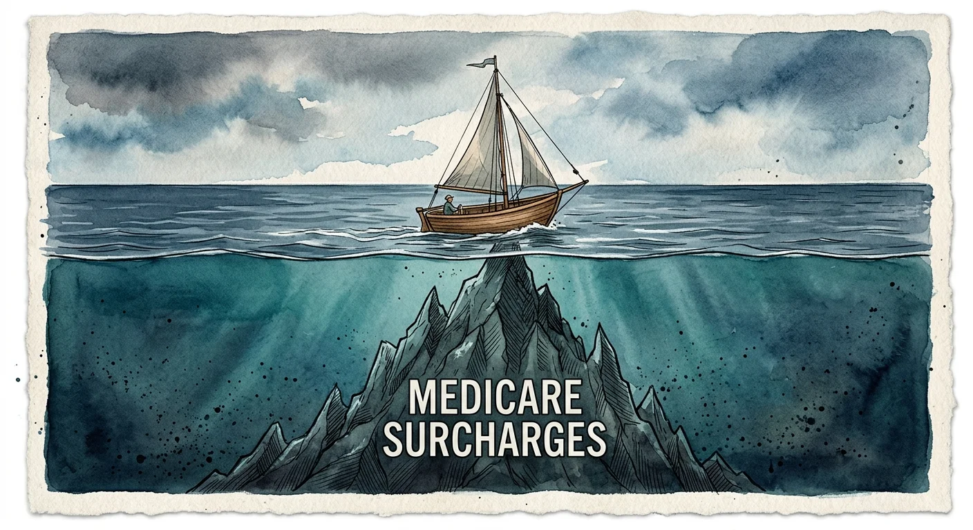 An ink and watercolor illustration of a sailboat on calm water with a hidden rock labeled Medicare Surcharges underneath.