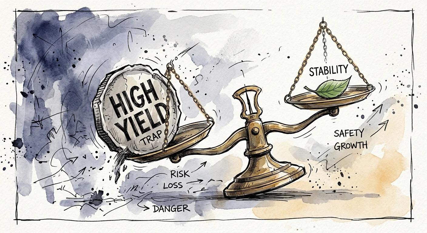 An ink and watercolor illustration of a scale tipping precariously under a heavy coin labeled High Yield, balancing against Stability.