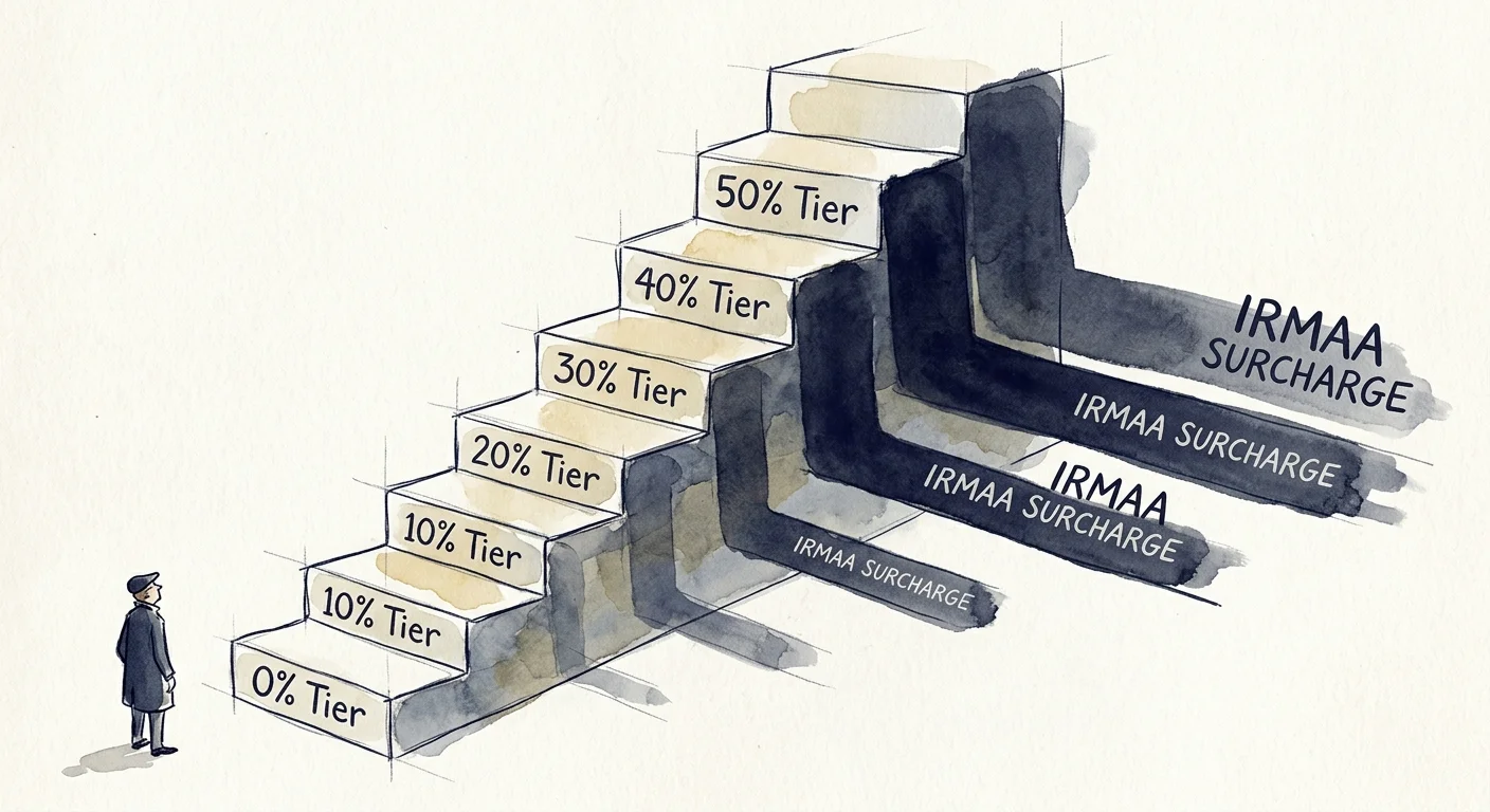 An ink and watercolor sketch of a staircase where higher steps cast progressively larger shadows labeled IRMAA.