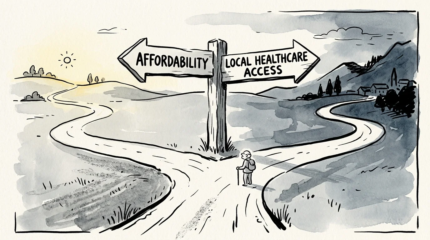 An ink sketch showing a signpost at a fork in the road, pointing toward affordability on one side and healthcare on the other.