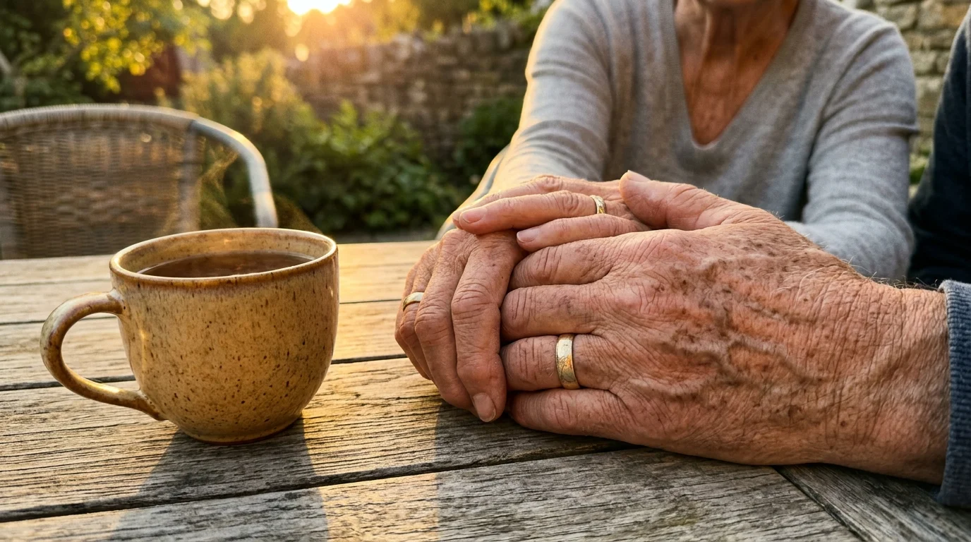 An intimate close-up of a retired couple's hands clasped together on a rustic table during a warm sunset.