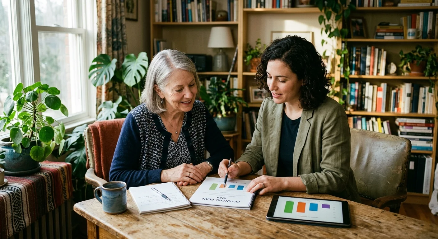 An older client and a financial planner reviewing papers together at a desk in a warm, comfortable home office.