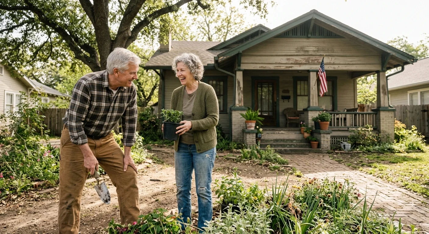 An older couple happily gardening outside their craftsman home, showcasing jointly owned property.
