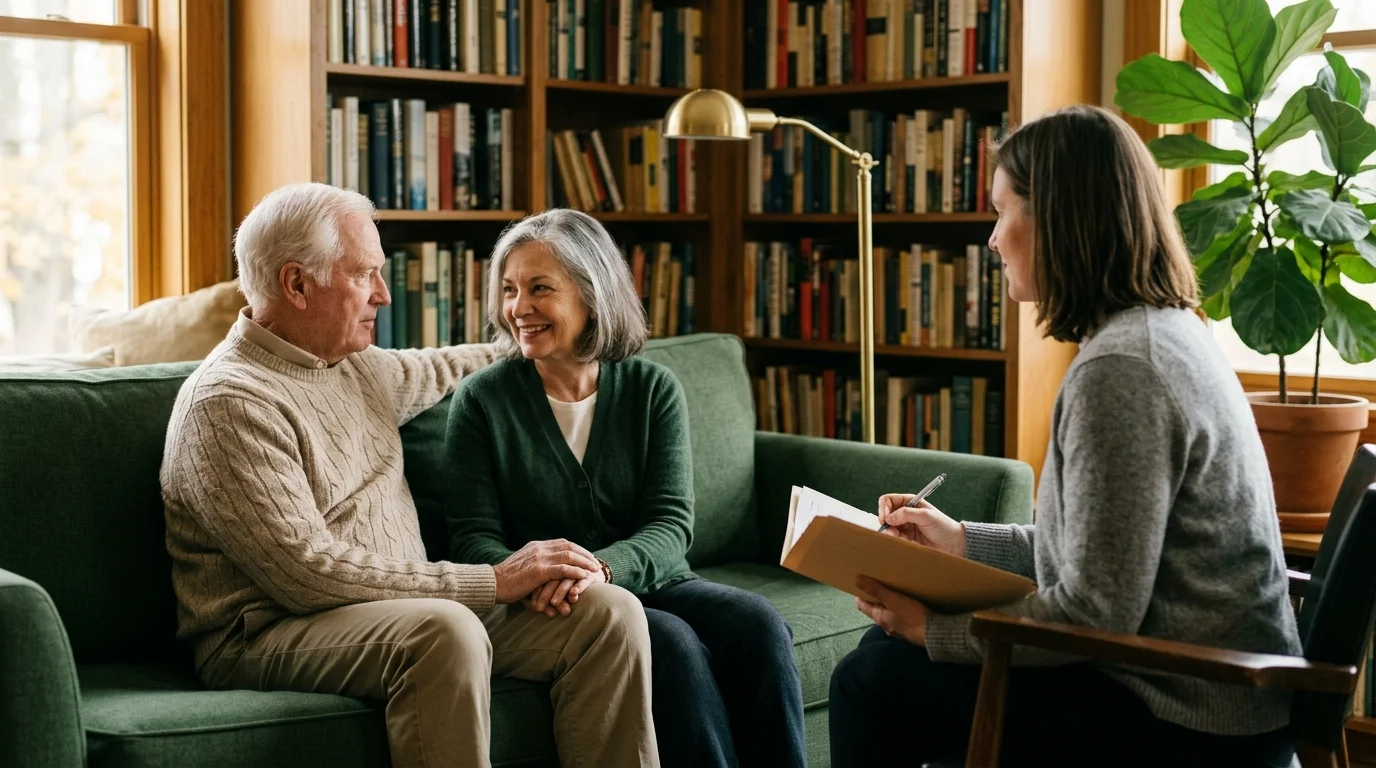 An older couple in a comfortable home library having a friendly, relaxed consultation with a casual professional holding a folder.