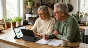 An older couple in a warm kitchen looking over retirement figures on a tablet and notebook during a sunny morning.