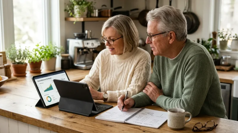 An older couple in a warm kitchen looking over retirement figures on a tablet and notebook during a sunny morning.