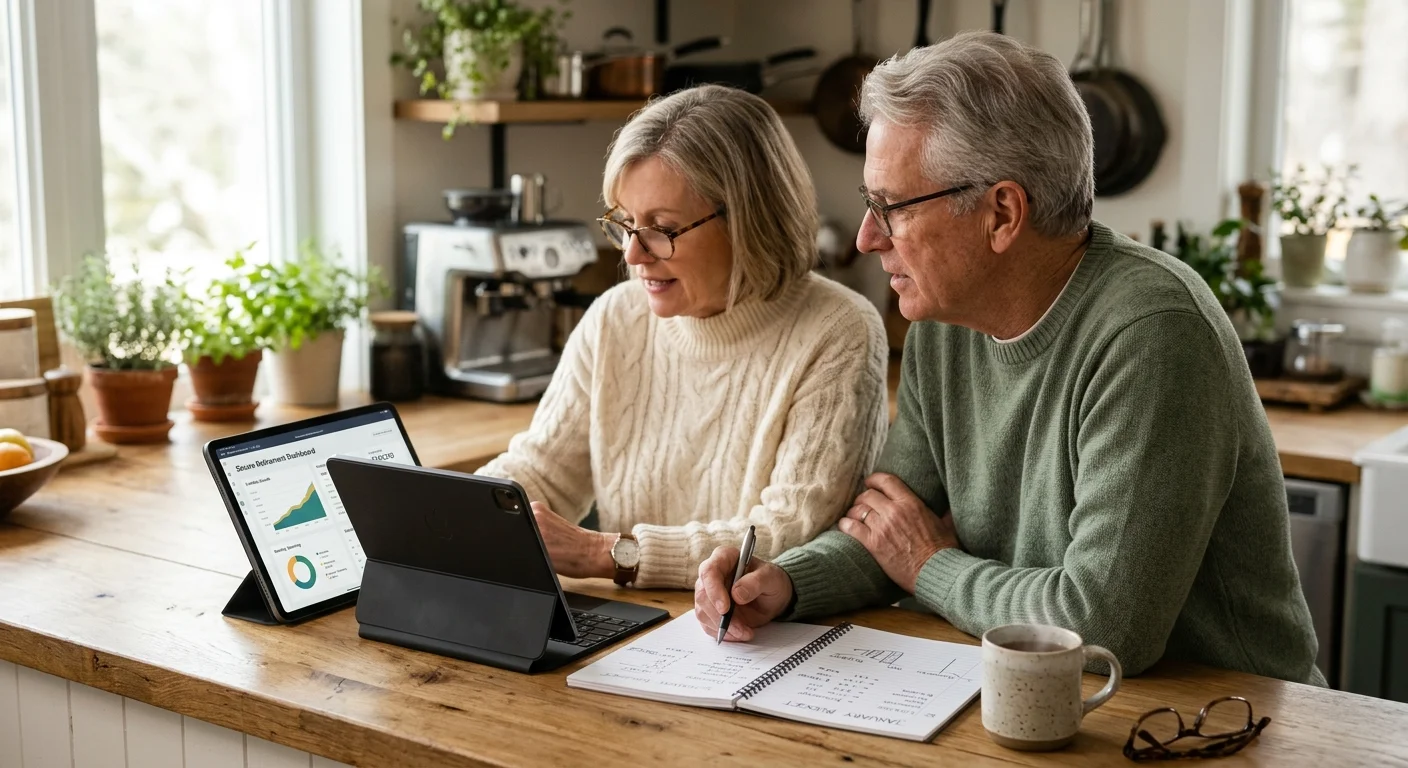 An older couple in a warm kitchen looking over retirement figures on a tablet and notebook during a sunny morning.