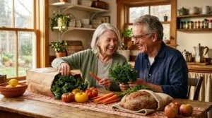 An older couple laughing while unpacking fresh vegetables and bread from a grocery bag onto a sunlit wooden kitchen table.