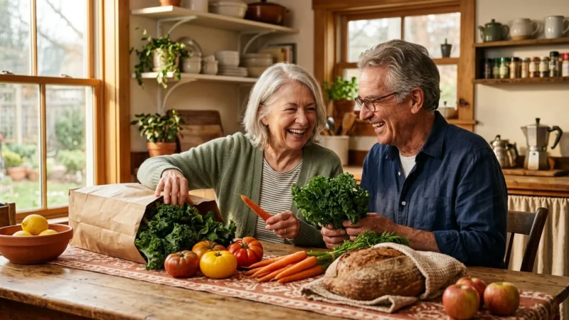 An older couple laughing while unpacking fresh vegetables and bread from a grocery bag onto a sunlit wooden kitchen table.